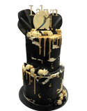 2-Tier Black and White Textured Watercolour with Gold Metallic Drip Speciality Cake