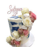 Blue and Pink Floral Sash Watercolour Double-Height Speciality Cake