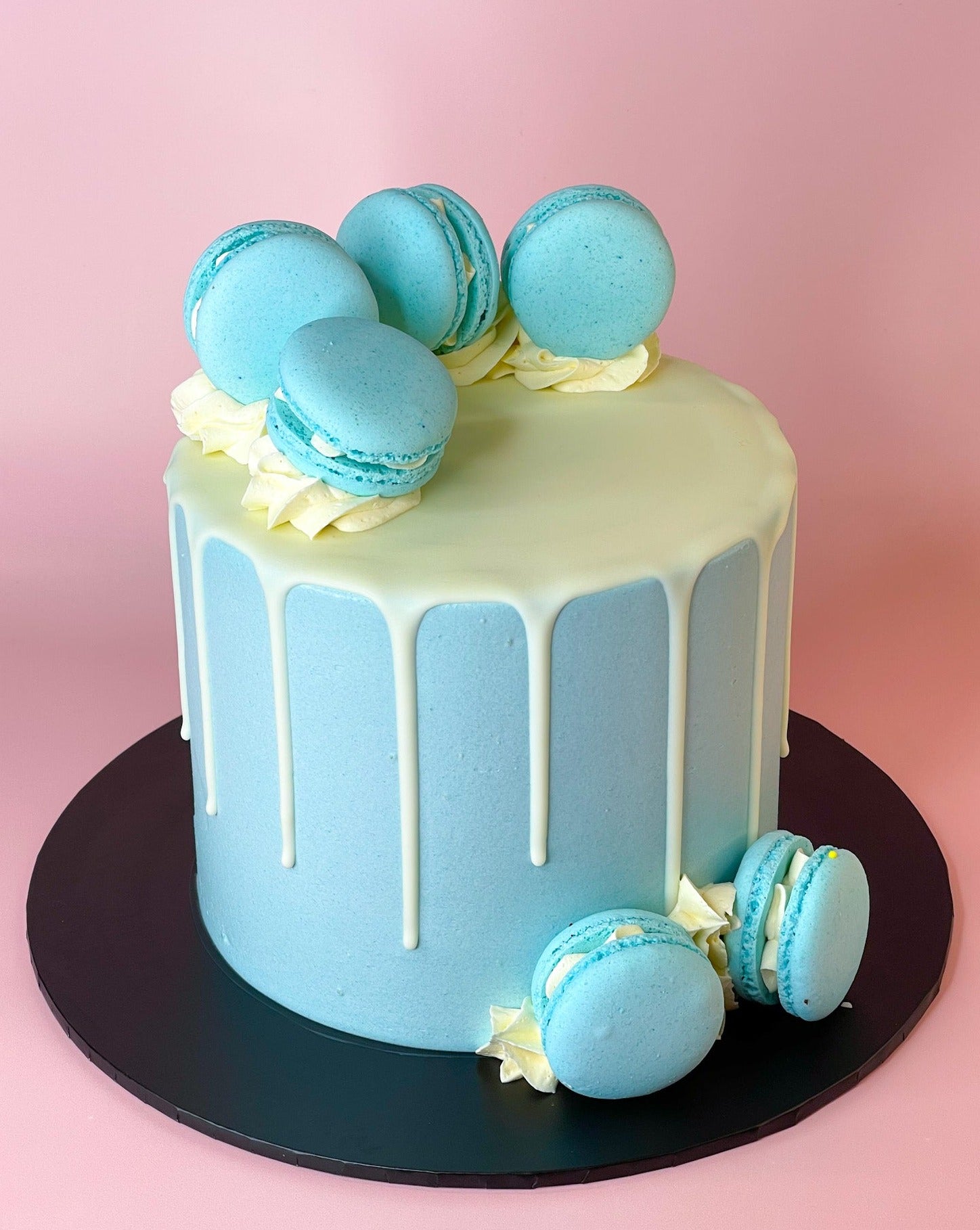 Blue Macarons and White Drip Smooth Buttercream Speciality Cake
