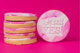 "She said yes!" embossed fondant cookies