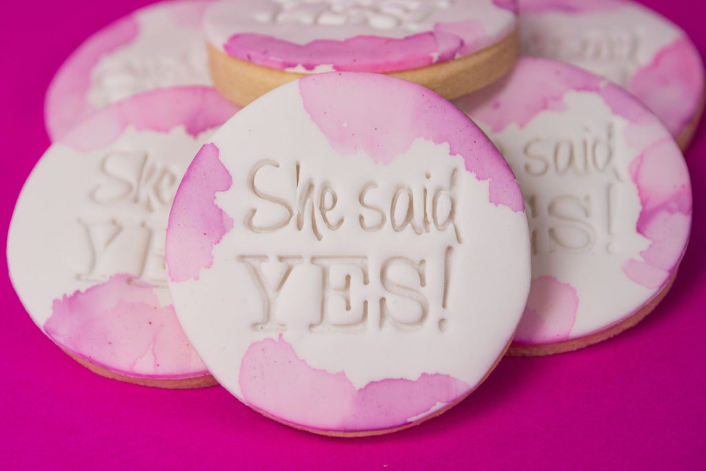 "She said yes!" embossed fondant cookies Cake Creations by Kate™