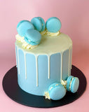 Cake Creations by Kate™ SpecialityCakes Blue Macarons and White Drip Smooth Buttercream Speciality Cake