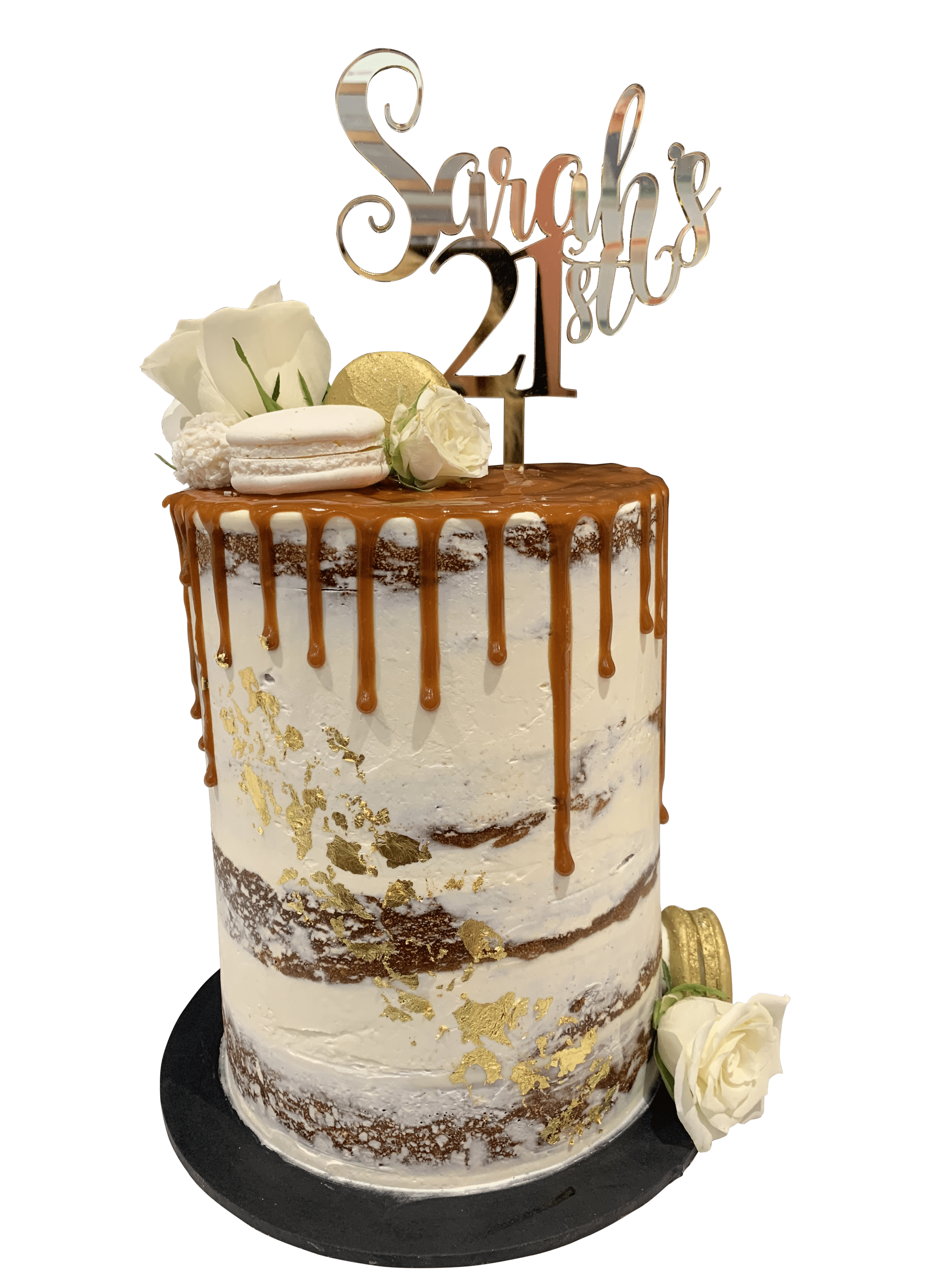 Cake Creations by Kate™ SpecialityCakes Caramel Drip and Macarons Floral Semi-Naked Double-Height Speciality Cake