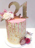 double height tall cake buttercream smooth icing gold flakes macarons flowers floral chocolate drip birthday 21 21st