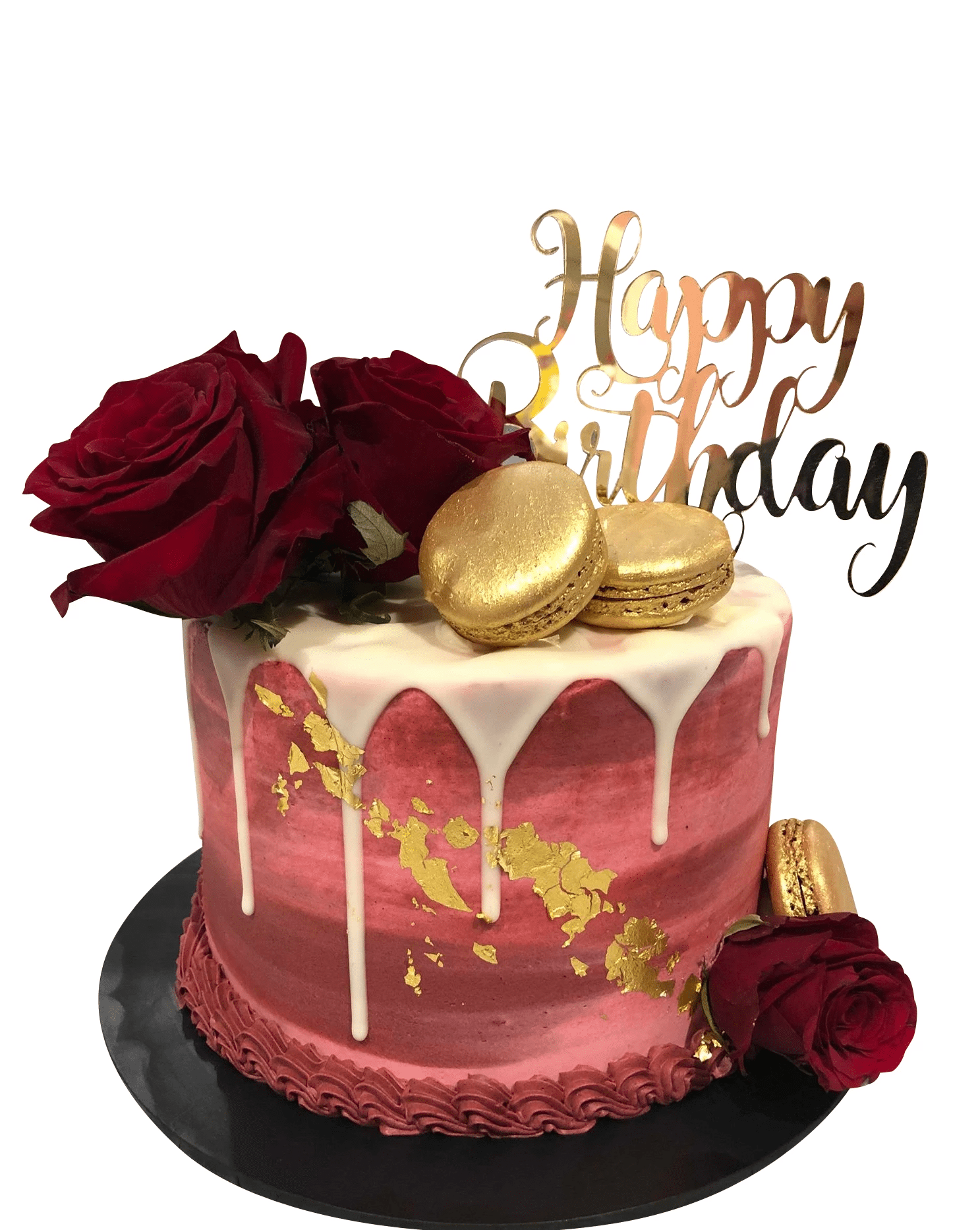 Cake Creations by Kate™ SpecialityCakes Red Roses and Gold Macarons Watercolour Buttercream Speciality Cake