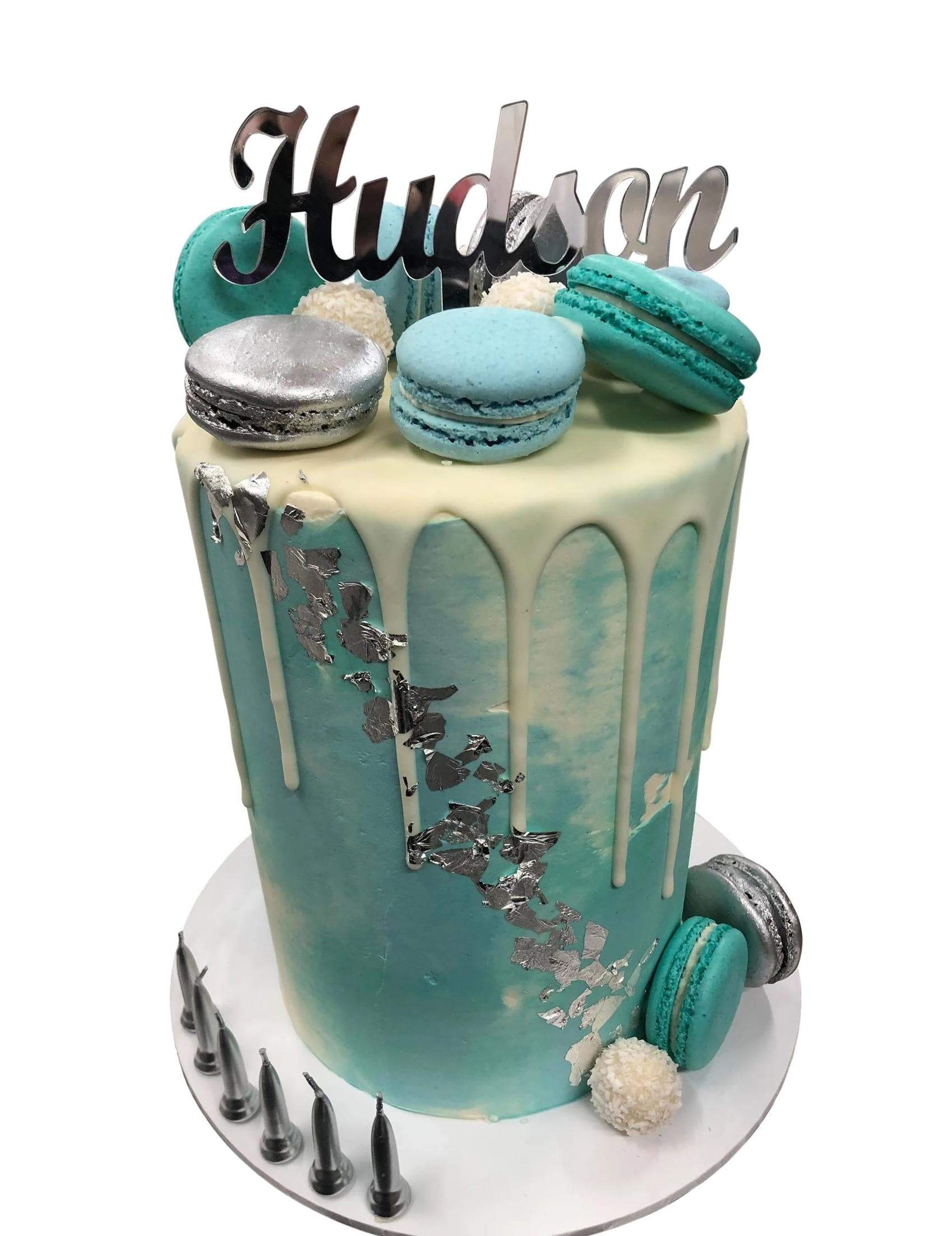 Cake Creations by Kate™ SpecialityCakes Silver Macarons White and Blue Watercolour Buttercream Double Height Speciality Cake