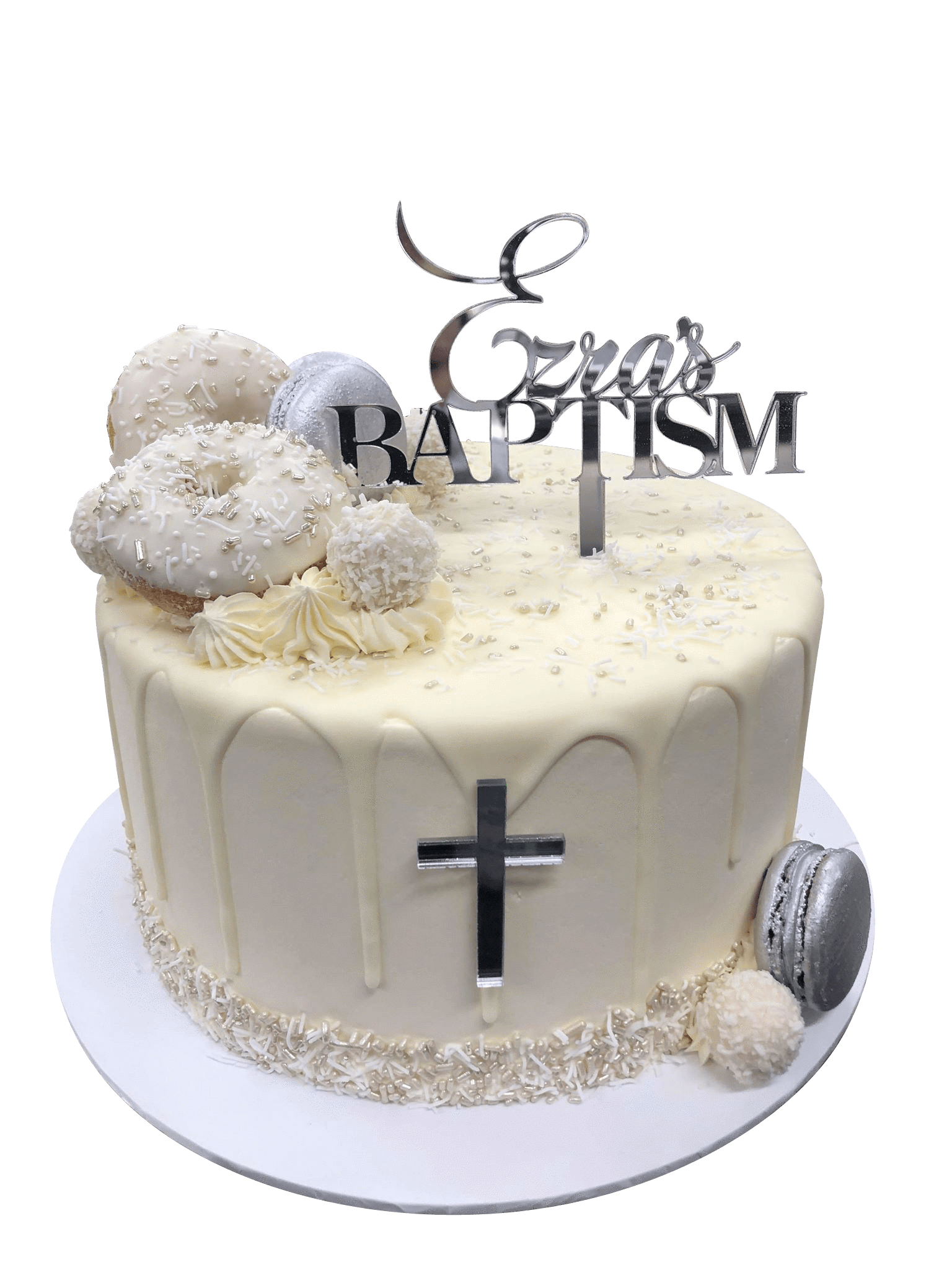 Cake Creations by Kate™ SpecialityCakes White Donuts and Silver Macarons Baptism/Communion Buttercream Speciality Cake