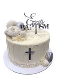 Cake Creations by Kate™ SpecialityCakes White Donuts and Silver Macarons Baptism/Communion Buttercream Speciality Cake